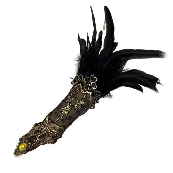 1PC Frauen Leistung Handschuhe Hohle Spitze Strass Dekor Feder Gothic Cosplay Kostüm Handgelenk Manschette Halloween Karneval Bühne Zeigen Arm Hülse schwarz