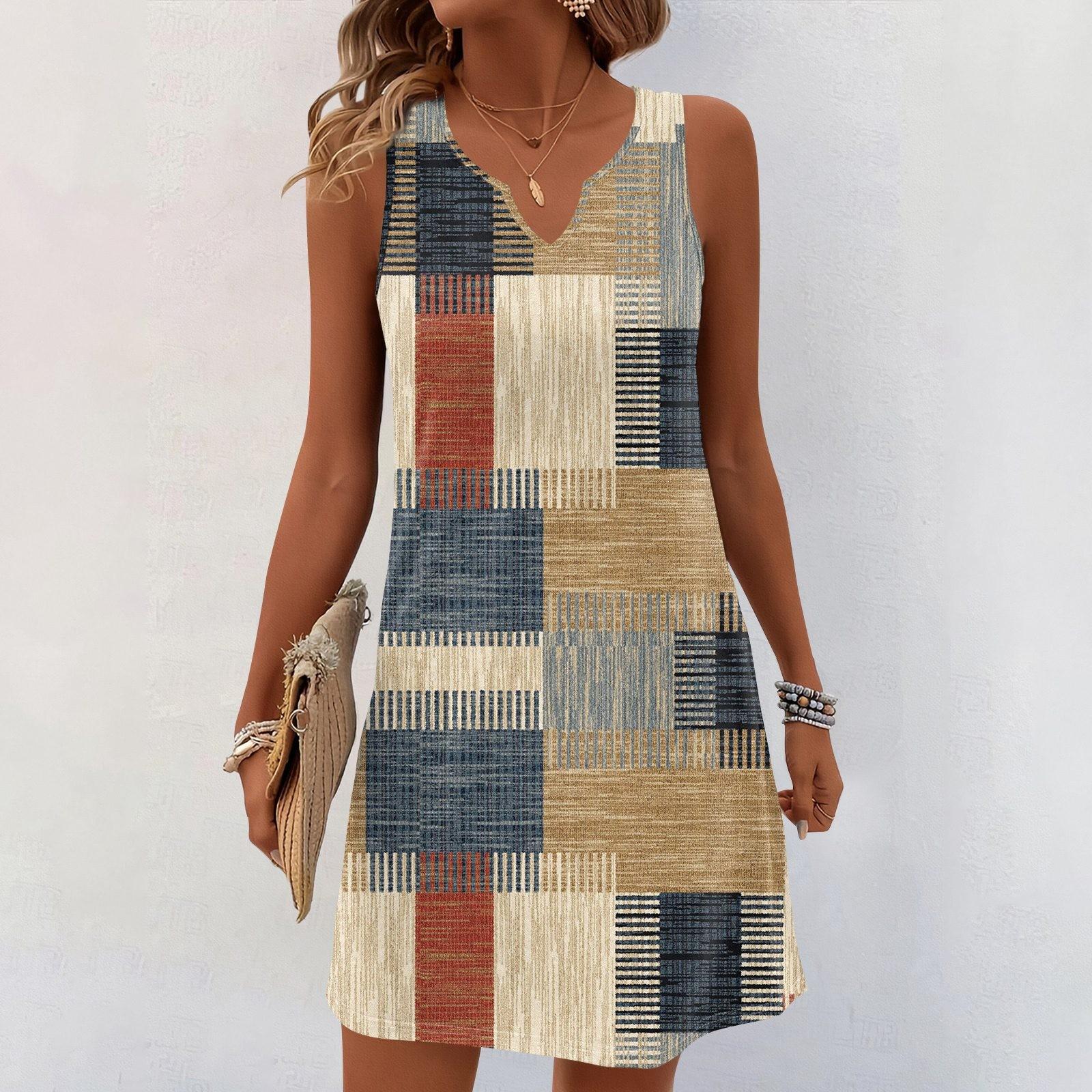 Damen Sommerkleider V-Ausschnitt Print Ärmelloses Sommerkleid Freizeitkleid XXXL khaki