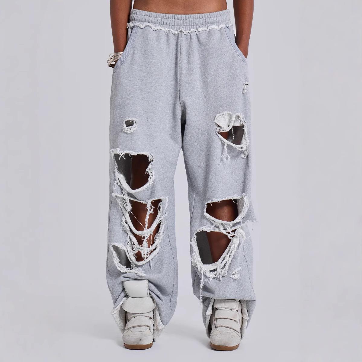 Used-Look Graue Baggy Jogginghosen Damen Hip Hop Stil Grunge Weite Beine Löcher Sweatpants Übergroß Gyaru Streetwear Hose L grau