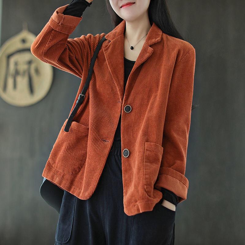 Vintage Jacke mit Anzugkragen Cord Einfarbig Kurze Jacke Damen Langarm Casual Top Große Tasche Frühling Herbst M brown