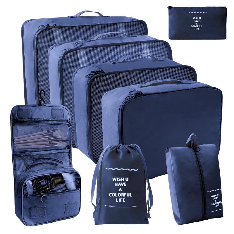 4/7/8-teiliges Set Reisetaschen-Organizer, Kleidung, Gepäck, Reise-Organizer, Decke, Schuhe, Make-up-Organizer, Tasche, Koffer, Beutel, Packwürfel 8 PCS Navy