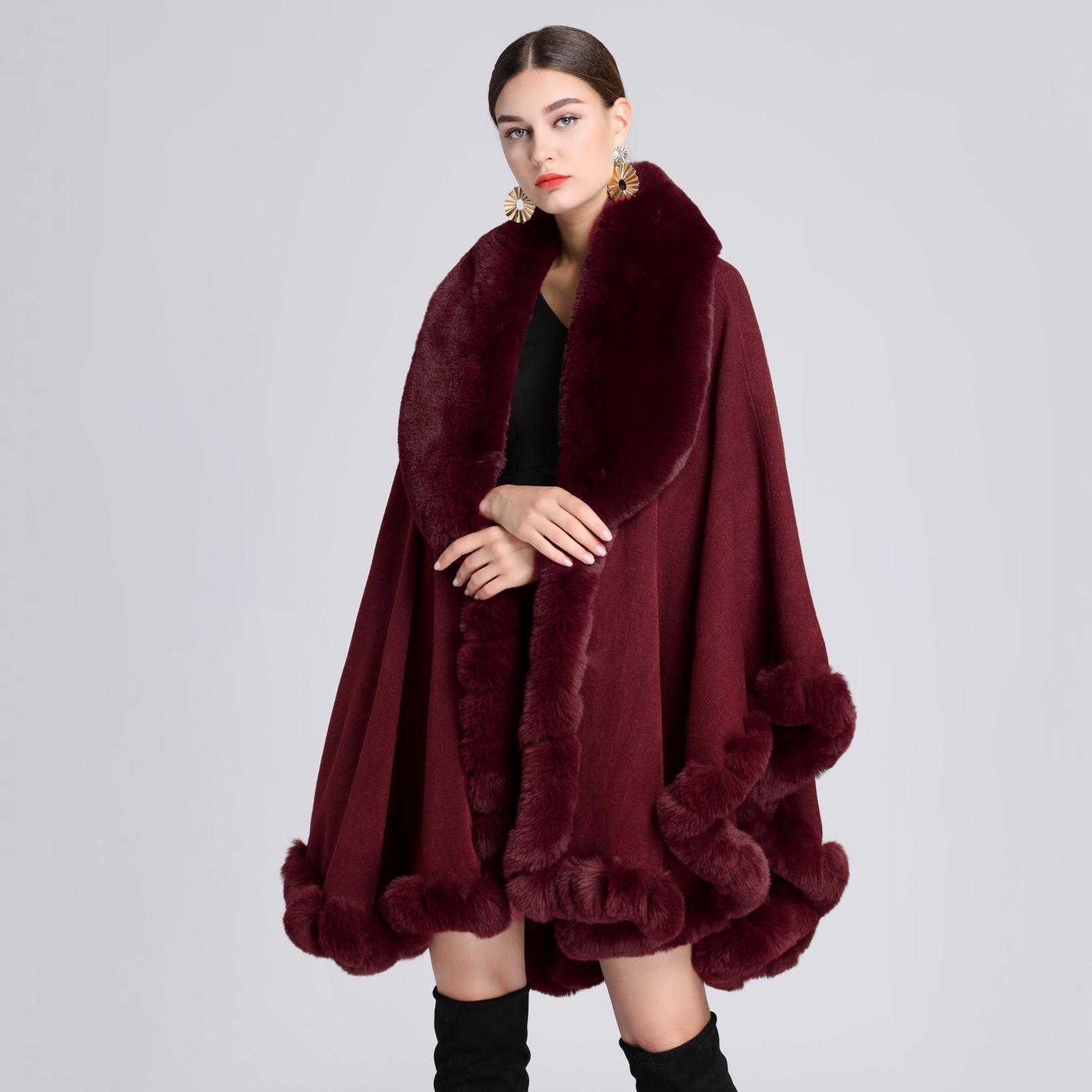 Eleganter V-Revers-Faux-Rex-Kaninchen-Pelz-Mantel-Umhang-Winter-Frauen-großer langer Schal-voller Trim-Pelz-Strickmantel-Mantel-großer Parka One size wein rot