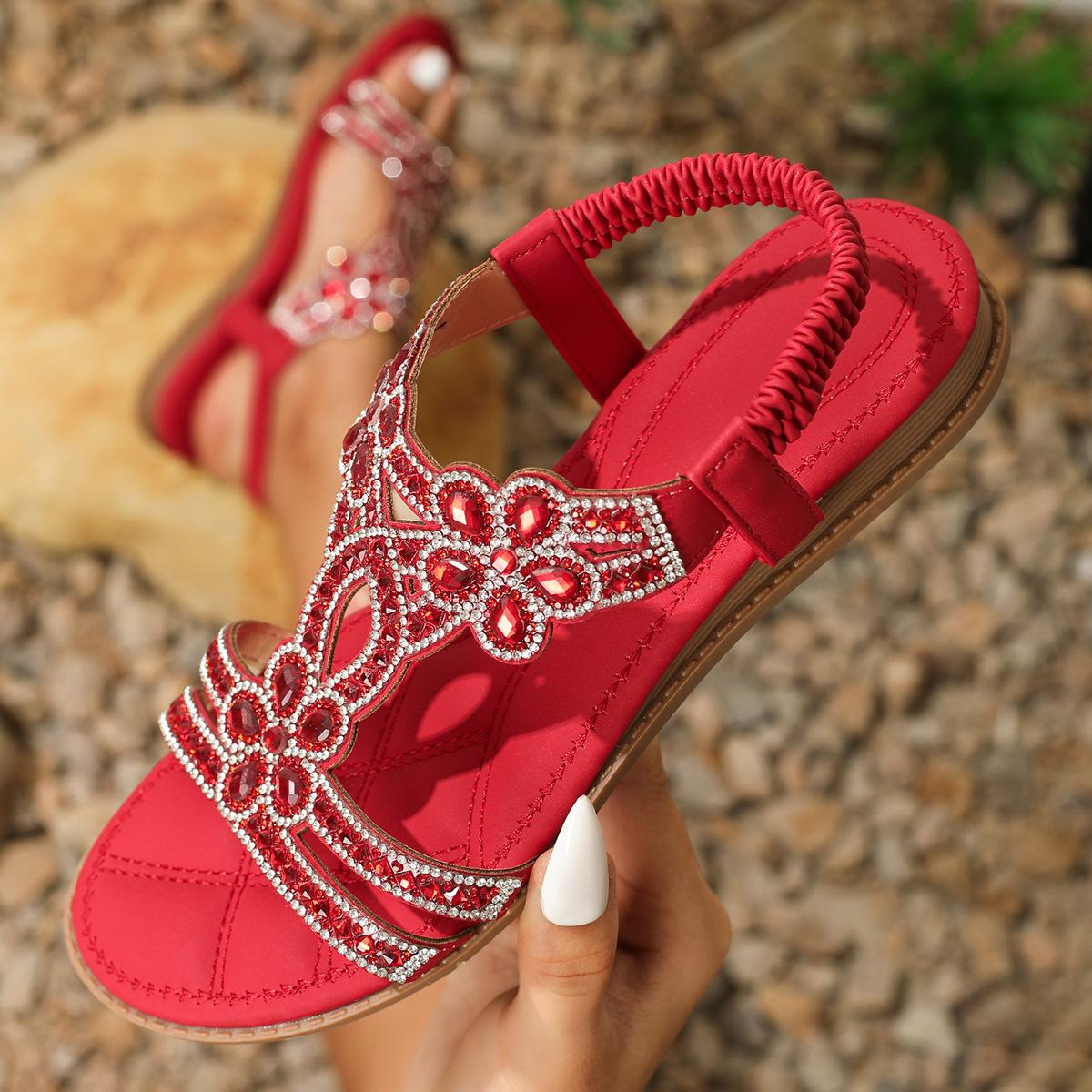 Große Größe Ausgehöhlt, Grenzüberschreitende Flachboden-Strass-Sandalen, Böhmische Bequeme Damen-Sommerschuhe 39 ziegelrot