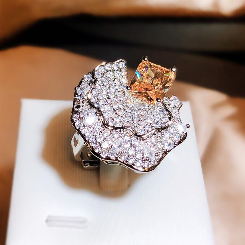 Seiko Schmuck Voll Diamant Blütenblatt Ring Für Damen Silber Neu Mikrofassung Zirkonia Diamant Ring Hochzeit Party Schmuck Geschenk resizable brown