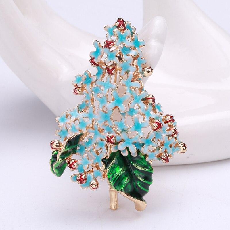 Blucome Lila kleine Blumen-Brosche für Damen, Emaille-Broschen, Schmuck, grüne Blätter, dekorative Anstecknadel für Kleidungsstücke, Kleider, Accessoires blau