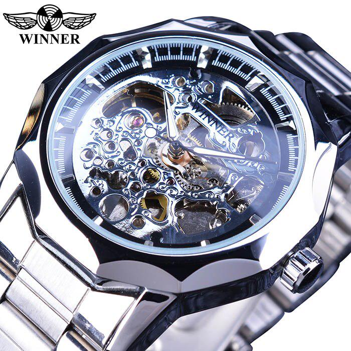 Winner Skelett automatische mechanische Uhr Herren Uhren Edelstahl Armband Sport Luxus männliche Uhr chinesische Armbanduhr weiß