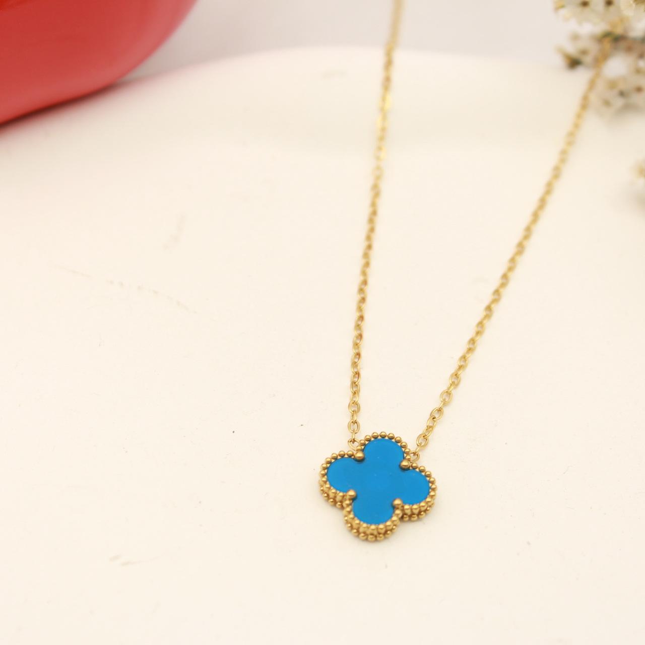 15mm Neue Glückliches vierblättriges Kleeblatt doppelseitige Halskette Damen Kette 18k Titan Halskette 15mm18K blau