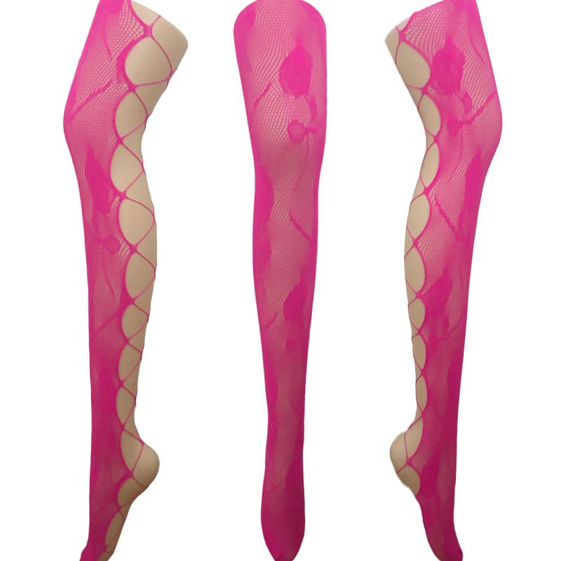 Sommer Mode Damen Farbige Blumenmuster Neongrün Netzstrumpfhosen Fishnet Strumpfhosen Beinseite Ausgeschnittene Strumpfhosen Damen Nylon Strumpfhosen Max 170cm 70 kg pink