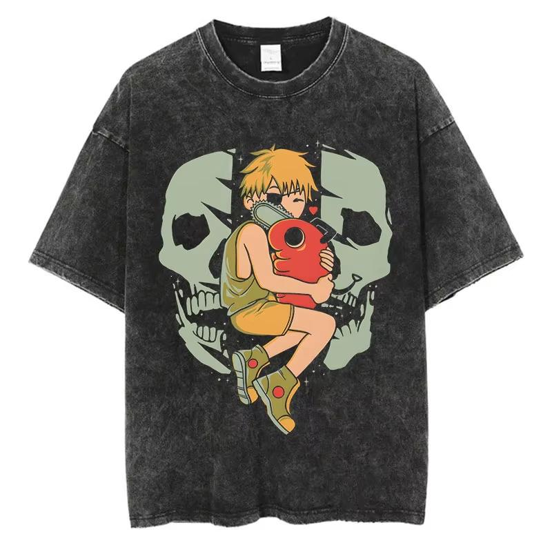 Kettensägen-Anime Vintage gewaschenes Baumwoll-T-Shirt Herren Damen Harajuku Übergroßes Kurzarm-Tee Streetwear Unisex Top 3XL