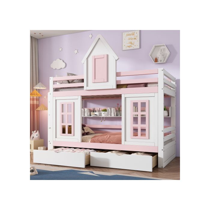 Etagenbett - MUVOE - 90x200 cm - Weiß + Rosa - 2 Schubladen - Integriertes Bücherregal weiß