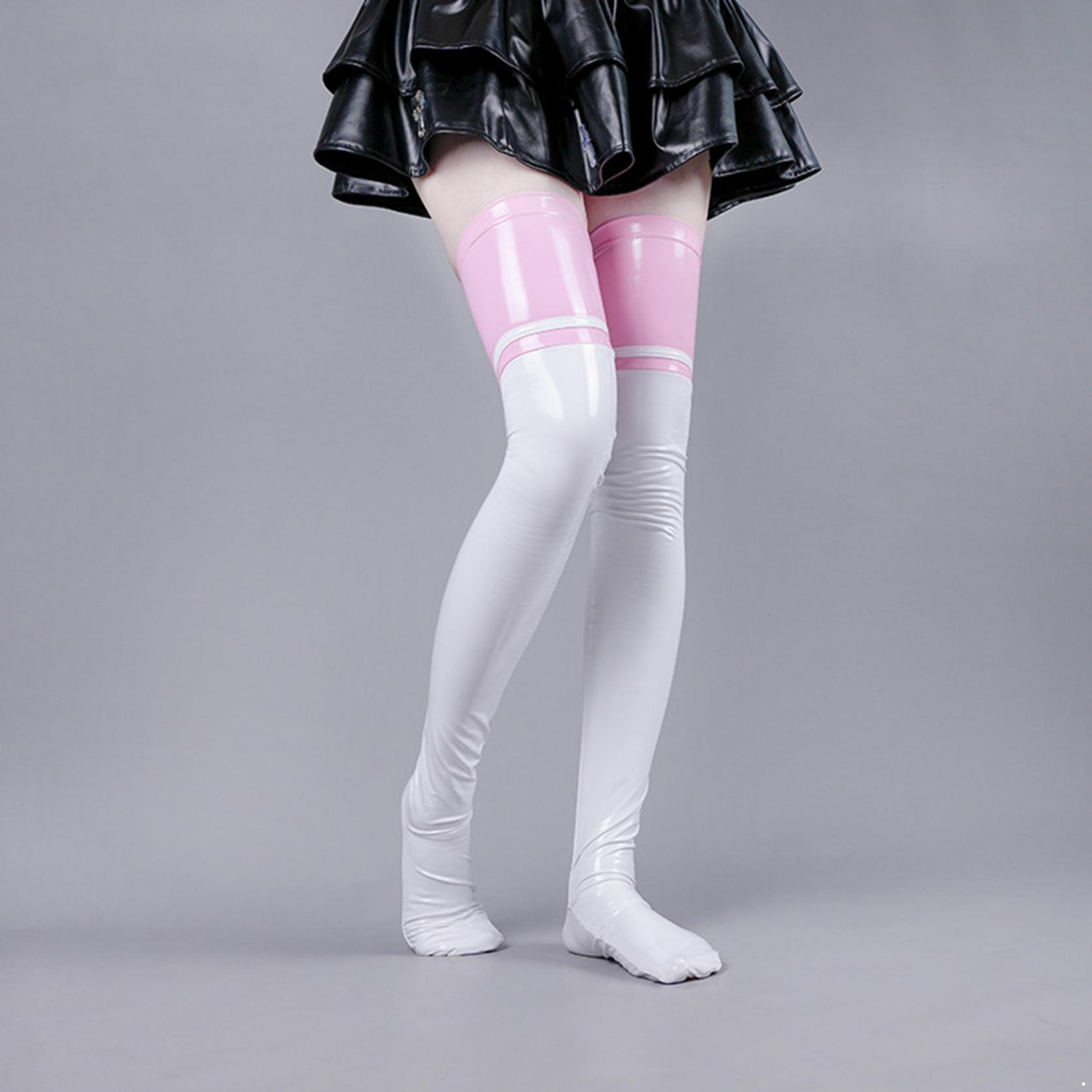 Damen Oberschenkelhohe Strümpfe, Strumpfhosen, lange Socken, dünne Catsuit-Strümpfe für Clubwear, Cosplay, Party One Size weiß/rosa
