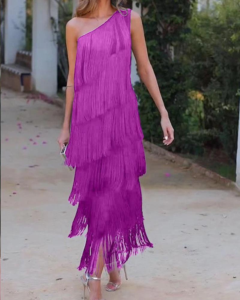 2024 Frühling/Sommer Europäische & Amerikanische Mode Quaste Asymmetrisch Schulterfrei Abendkleid L violett