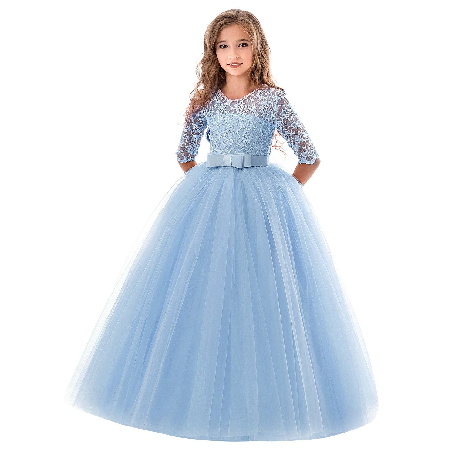 Sommer Langarm Mädchen Party Kleid Hochzeit Kleid Kinder Kleider Für Mädchen Kinder Abend Spitze Prinzessin Kleid 110 blau