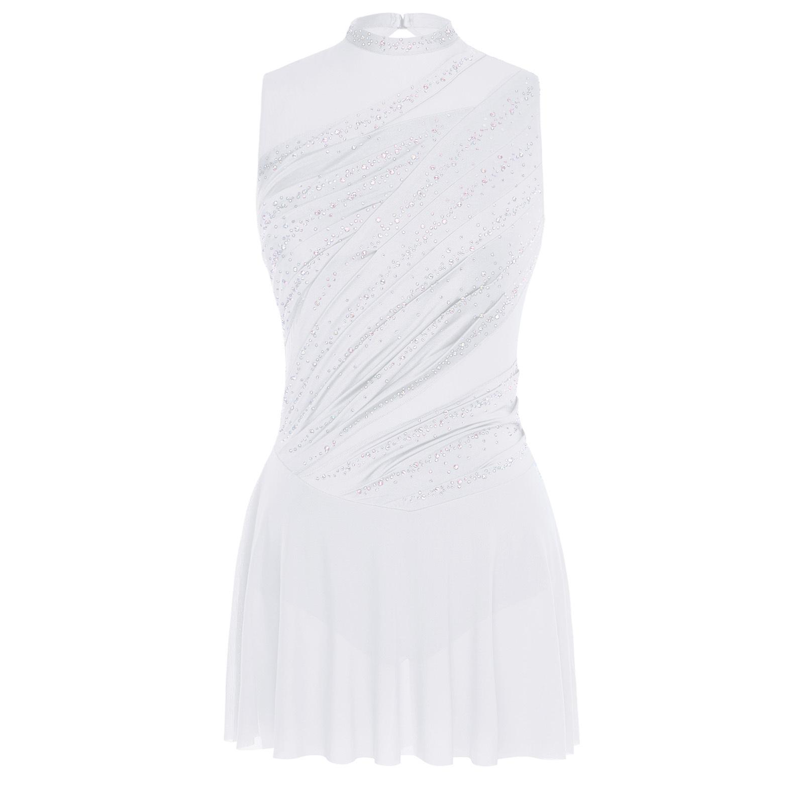 Damen Gymnastik Kunstturnen Eiskunstlauf Ballett Lyrischer Tanz Turnanzüge Kleid Strasssteine Eingebauter Schritt Knöpfe Slips Kleid M weiß