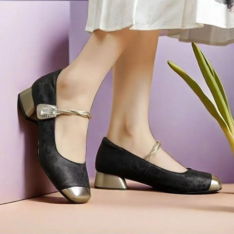Schuhe Damen Mary Janes Damen High Heels Mode Kleid Pumps Damen Gemischte Farben Eckige Zehenpartie Kristall Mittelhohe Absätze Schuhe Damen 39 schwarz