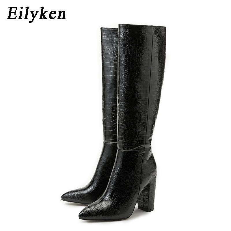 Eilyken Mode Frauen Kniehohe Stiefel Spitz Zipper Chunky High Heels Schuhe Herbst Winter Weibliche Lange Stiefel Schuhe Schuhe 42 schwarz