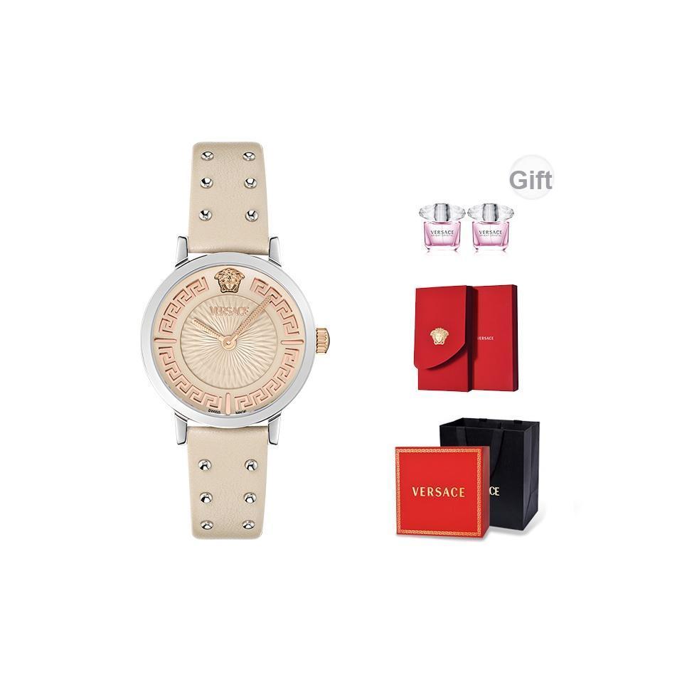 Versace Quarzuhr 35mm Beige Zifferblatt Lederarmband Geschenkset Mit Parfüm Und Rotes Kuvert Damenuhren pink VE0A00125 VE0A00125 Beige Single