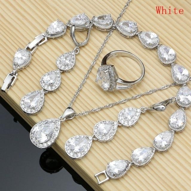 925 Sterling Silber Schmuck Weiß Cz Blau Zirkon Schmuck Sets Für Frauen Ohrringe/Anhänger/Halskette/Ringe/Armband 6 weiß
