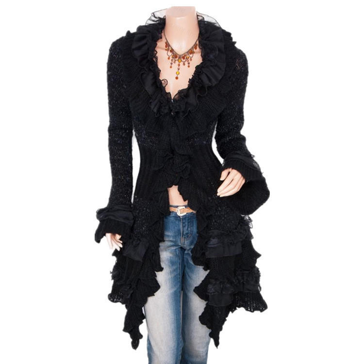 Damenmode-Cardigan-Pullover, einreihiger, mittellanger Mantel mit Spitzentrompetenärmeln One Size schwarz