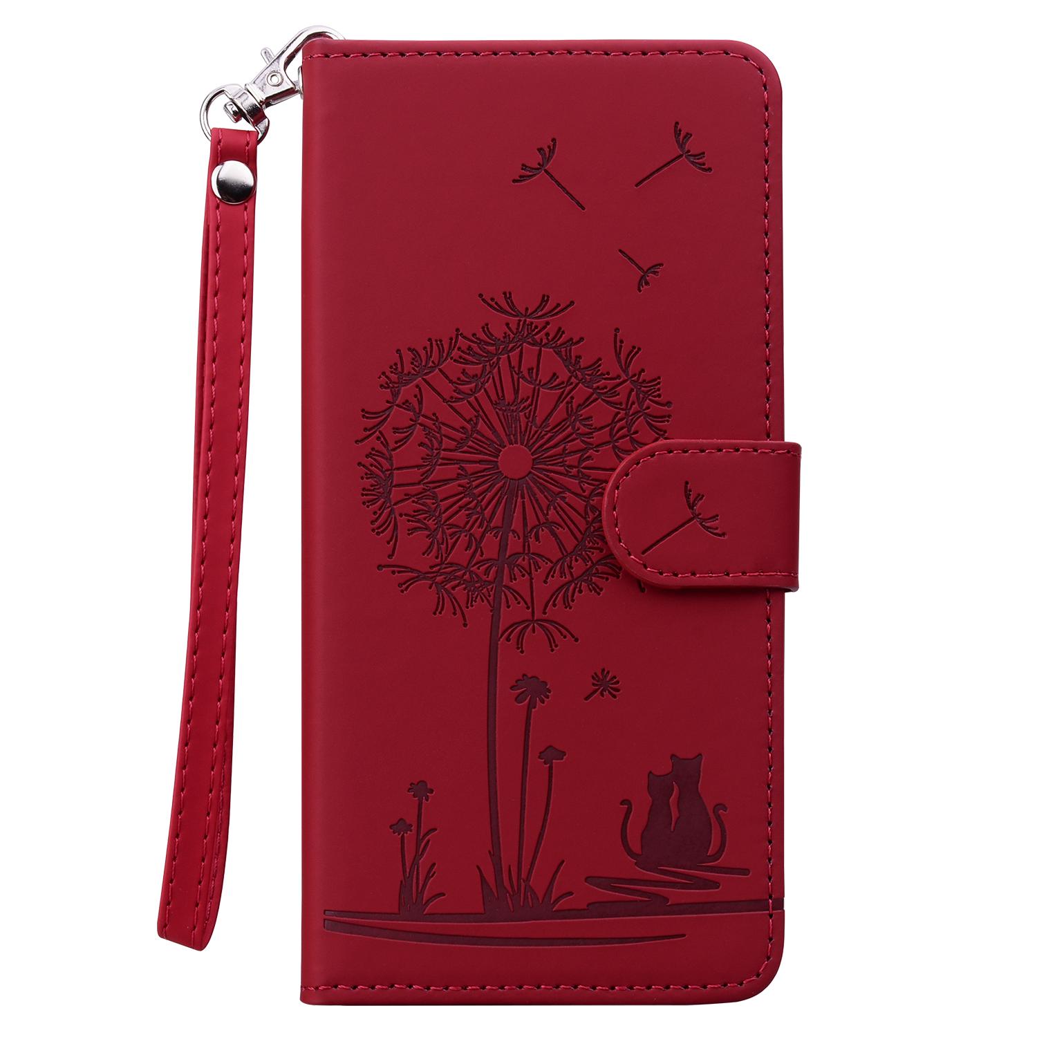 Handschlaufe 3D-Prägung Blume Katze Leder Handy Brieftasche Hülle Buchständer für iPhone 16 15 Pro Samsung Redmi Google Oppo Magnetkartensteckplatz Flip Cover Samsung Galaxy A16 rot