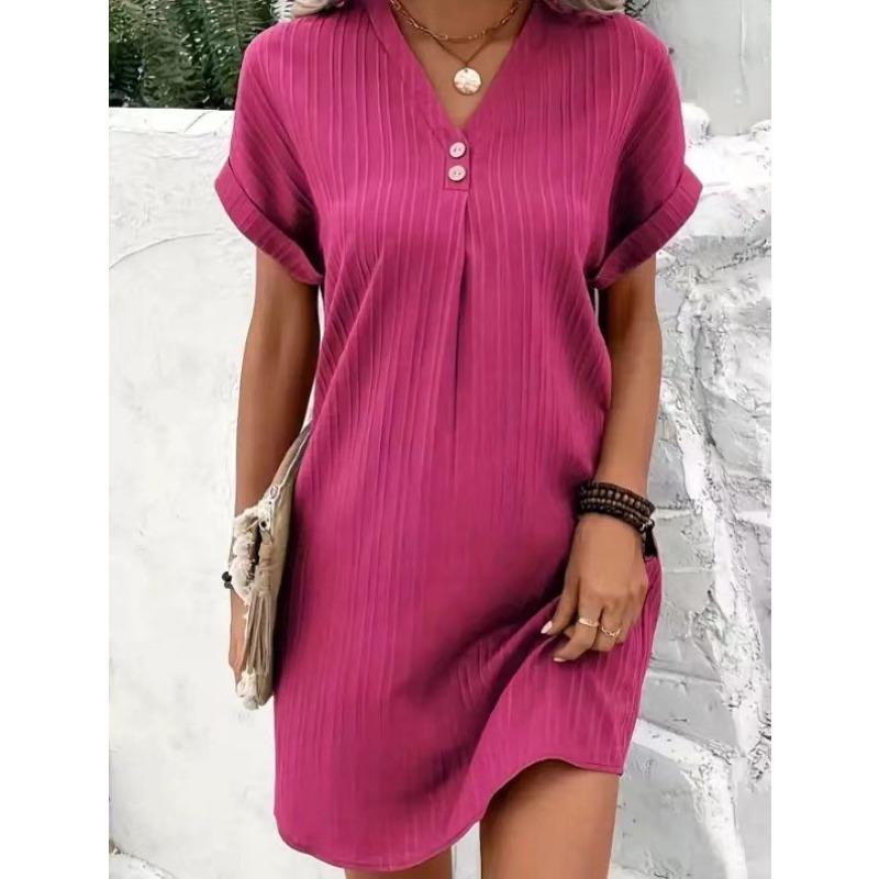 Damenmode Sommer Frühling Einfarbiger Druck Kurzarm V-Ausschnitt Hohe Taille Freizeitkleider S rose rot