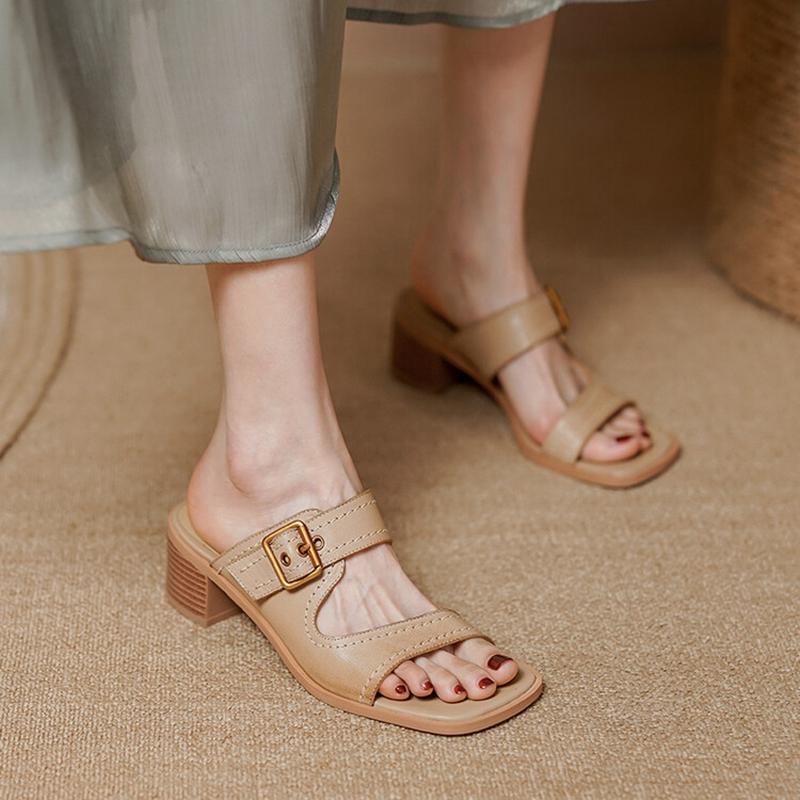 Sommer Draußen Frauen Hausschuhe Frauen Sandalen Blockabsatz Schuhe Frauen Feste Sandalen Prägnante Frauen Slides Heels Braun 40 apricot