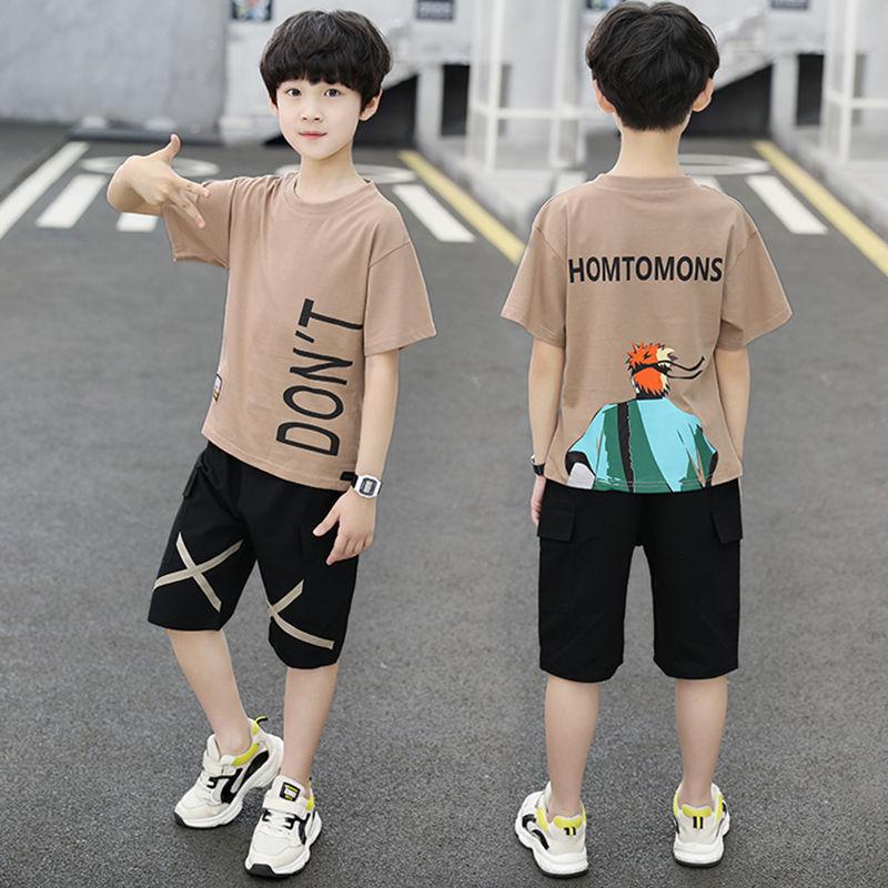 Jungen Sommer Baumwolle Weich Bequem Schweißabsorbierend Atmungsaktiv Kurzärmeliges Shorts Anzug Lässig Locker Dünne Kleidung Zweiteiliger Anzug 120 khaki