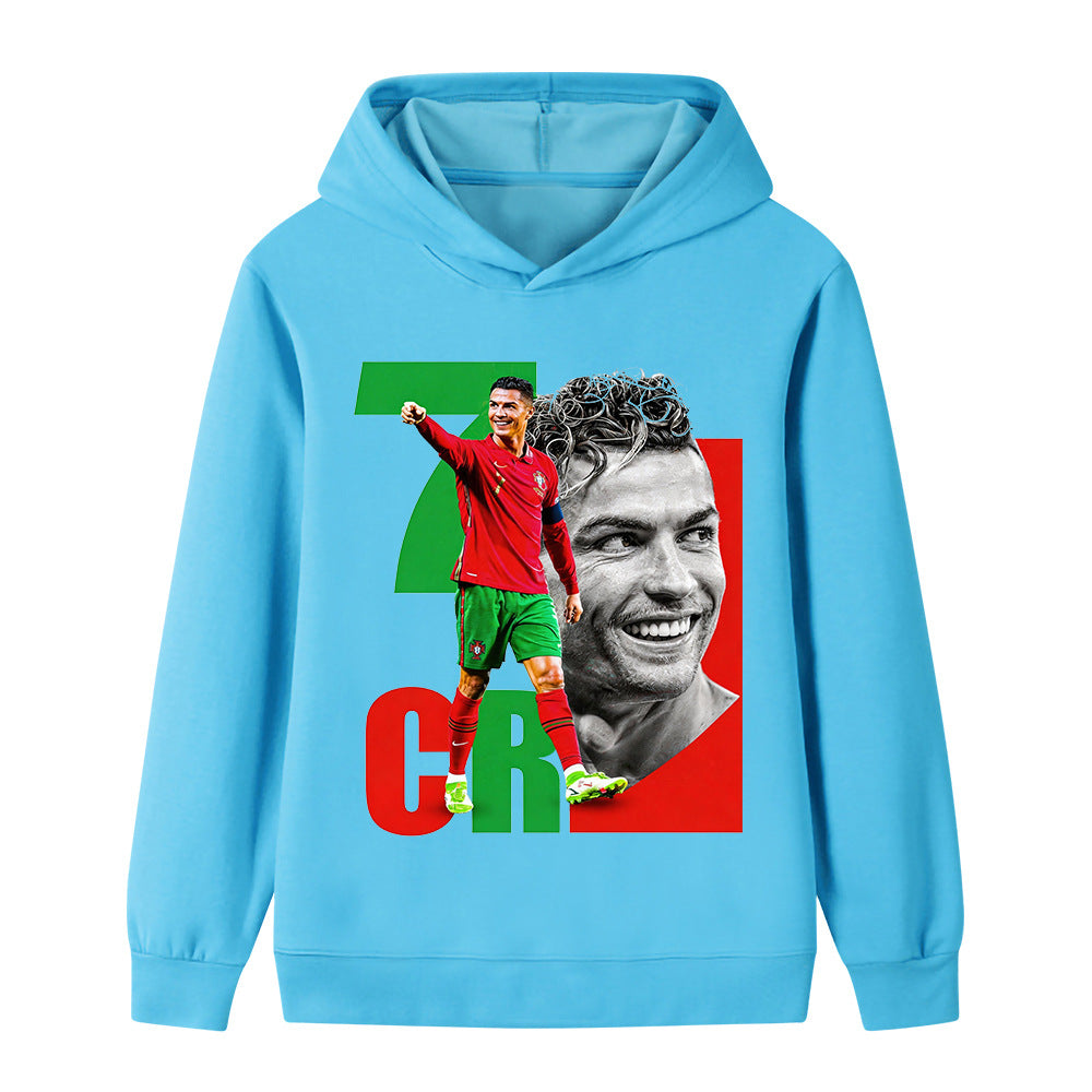 Herbst 2026 Lässiger Kinder-Hoodie Sport-Sweatshirt für Jungen und Mädchen Ronaldo Aufdruck 2-14 Jahre Mode Kinder Pullover Top 140 blue