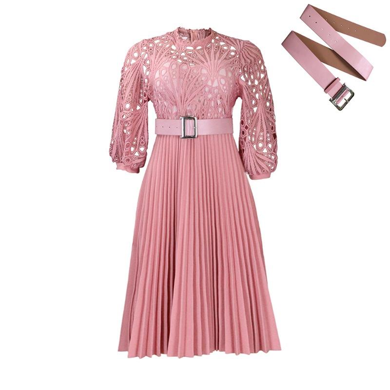 Damenkleid Frühling und Sommer Übergröße Spitze Häkeln Sexy Hohl Plissee Kleider Pailletten Kleider Kleid S rosa