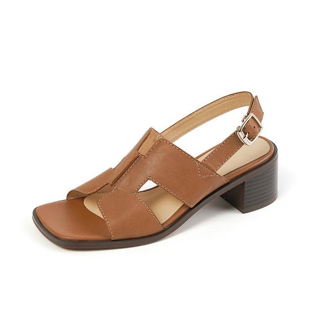 Sommer Frauen Schuhe Square Toe Blockabsatz Frauen Sandalen High Heels Damen Schuhe Casual Lederschuhe Frauen echtes Leder 34 braun