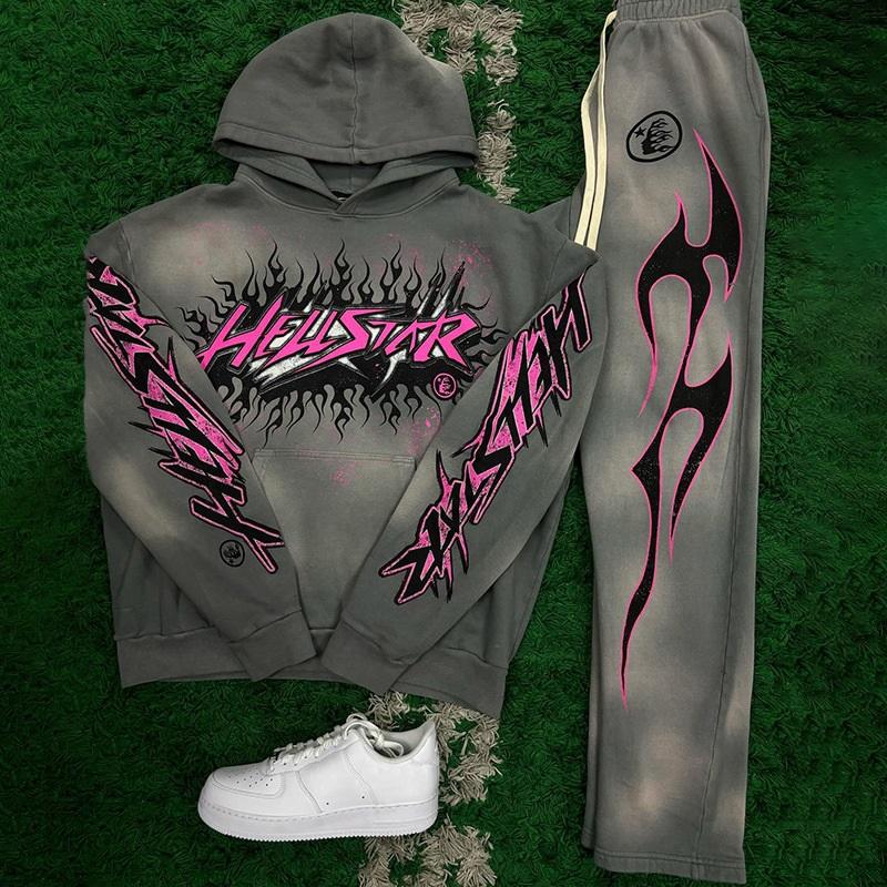 Herrenmode Kapuzen-Schlaghose Sportanzug Paare Hoodie Set Stilvolle Sportbekleidung Freizeitoutfit 5XL gray