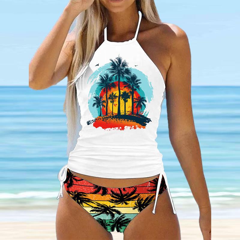 Blauer Neckholder-Bikini-Tankini-Badeanzug mit Kokosnussbaum-Print für Damen M rot