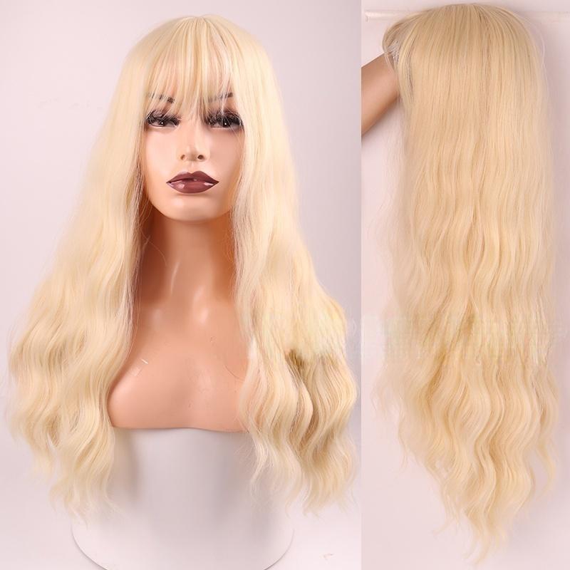 MERISIHAIR Modische lange gewellte Perücke für Damen mit Pony, Kunstfaser, schwarz, braun, blond, gewellte Perücke 613