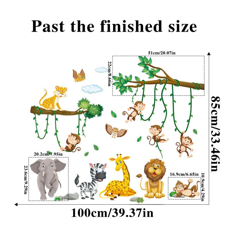Wandaufkleber mit Waldtieren, Kinderzimmer, Kinderzimmer, Jungenzimmer, Cartoon-Giraffe, Affe, Elefant, Zebra, Bäume, Vinyl-Wandbild Large bunt