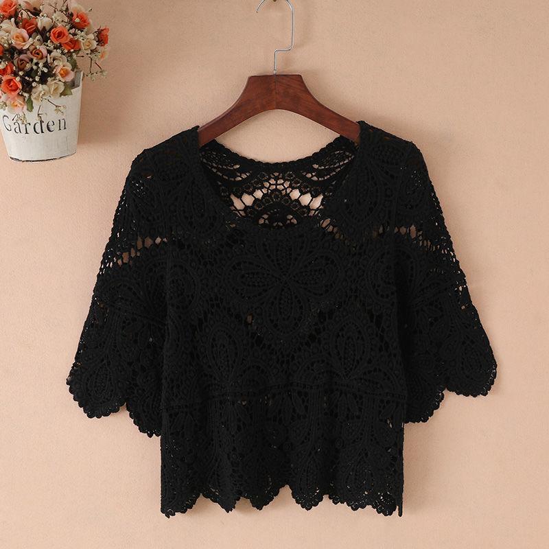 2022 frauen Neue Lose Hohl Kurze Rundhals Gestrickte Top Frau Casual Mode Weibliche Sommer Pullover Druck Handgemachte Pullover M schwarz