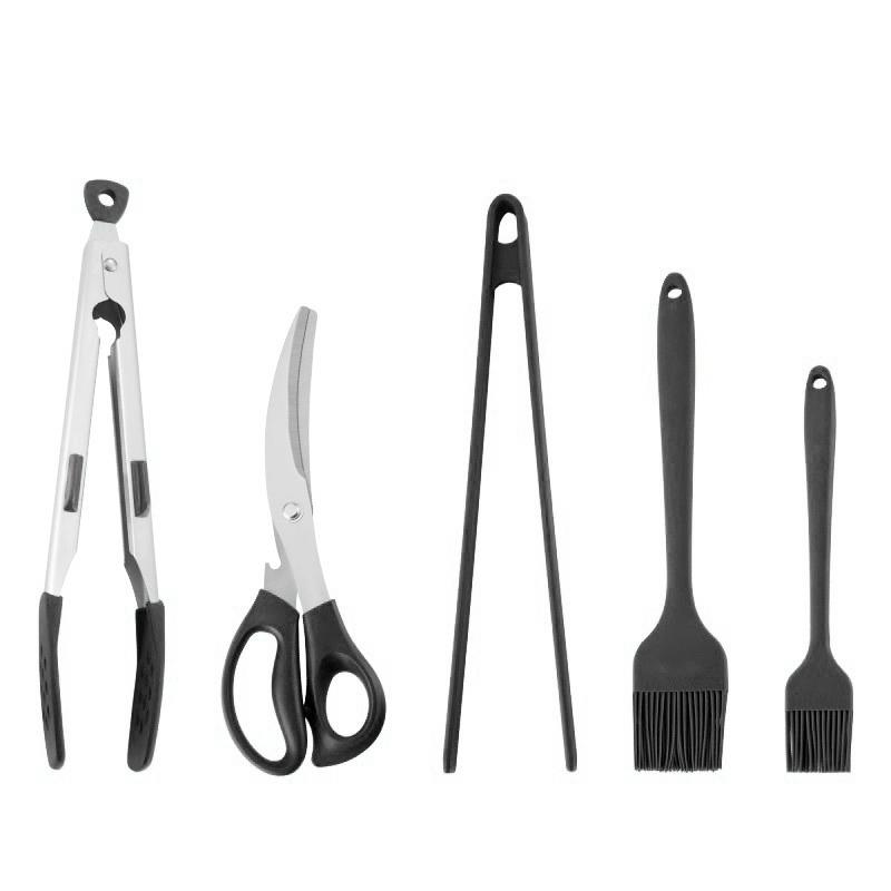 Koreanische Grillschere, Clip, Grillzange und Ölpinsel-Set zum Kochen, multifunktionales Silikon-Camping-BBQ-Werkzeug, Küchenzubehör 5pcs schwarz