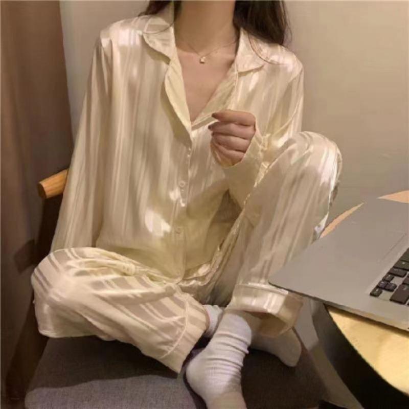 Damen-Pyjama-Set mit Streifen, einfarbig, französischer Seidensatin-Pyjama, zweiteiliges Set, bequemer Pyjama für zu Hause XXL champagner