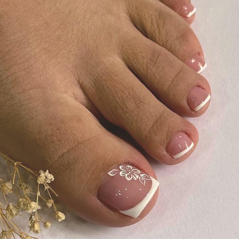 24 Stück Trage-Fingernägel Weißer Rand Französische Blume Nagelkunst Nagelkunst Falsche Nägel brown