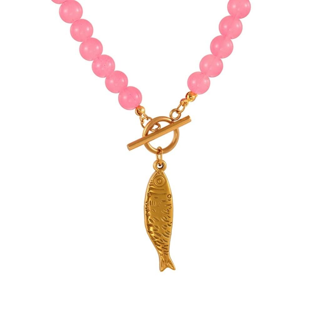 Geschenk Elegante Titanstahl Halskette OT-Schließe Kleine Größe Fisch Halskette Layering Minimalistisch Glasperlen Halskette Freizeitkleidung heißes rosa