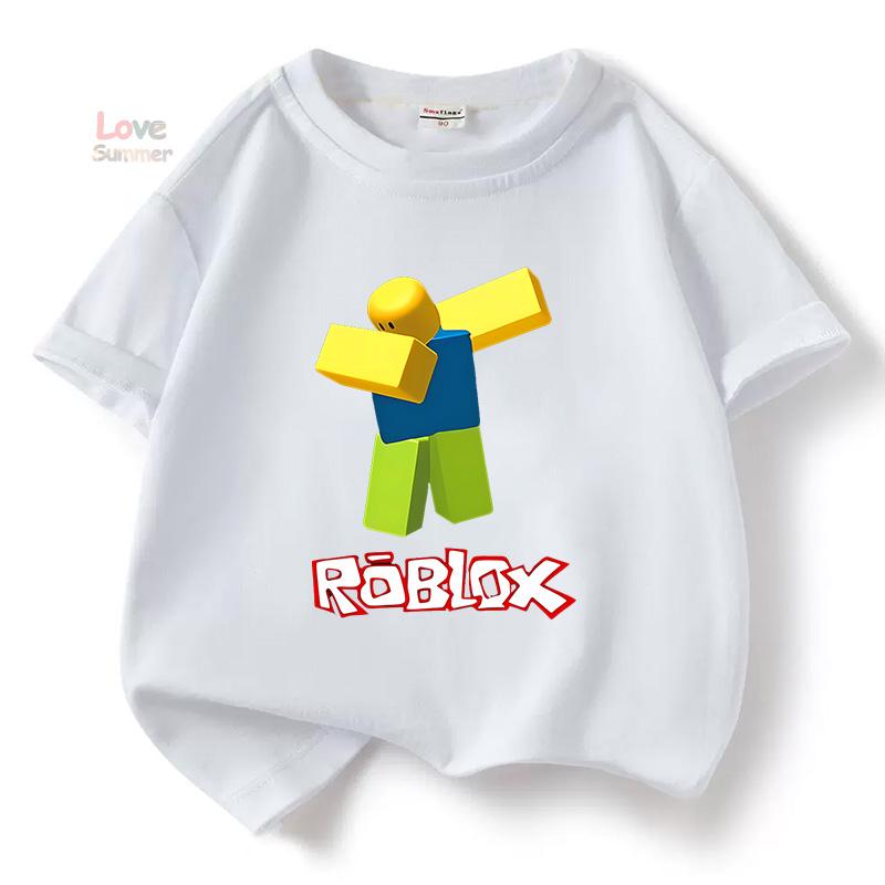 Jungen Spiel Robloxing Kind T-Shirt Sport Baumwolle T-Shirt Kind Cartoon unisex Kurzarm Lässig Straße Harajuku Kleidung 130 white
