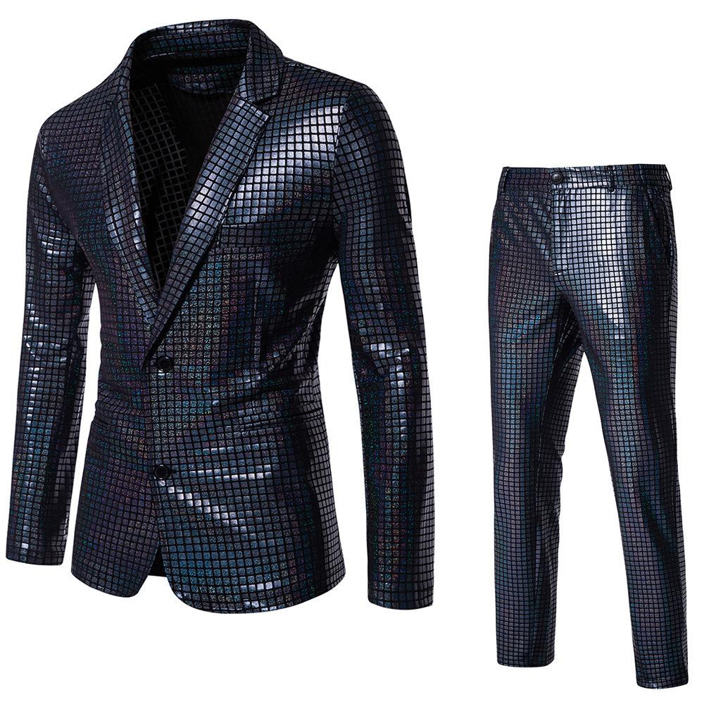 Herren Glänzende 2-teilige Anzüge Blazer Hose Terno Masculino Mode Party DJ Club Kleid Smoking Anzug Herren Bühne Sänger Kleidung XL schwarz