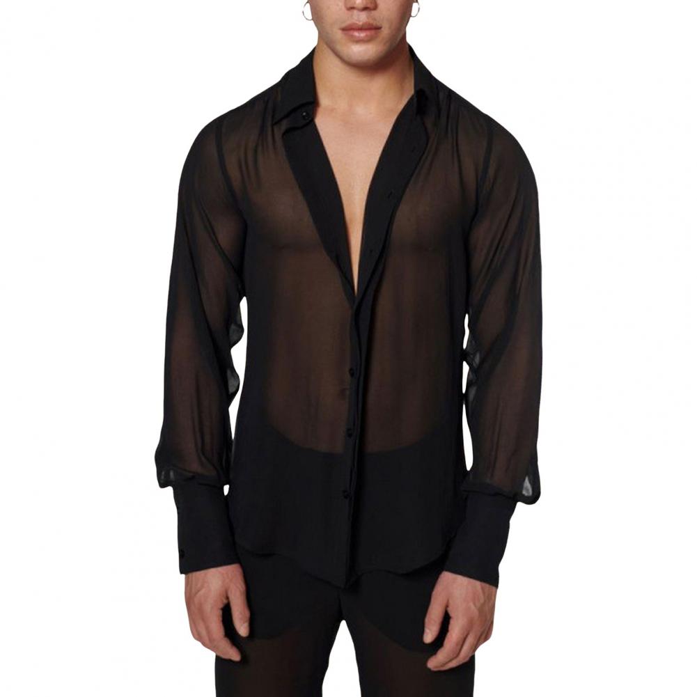 Schwarzes transparentes Hemd für Männer, Mesh, durchsichtig, dünn, lange Ärmel, V-Ausschnitt, Revershemd, modisches einreihiges Hemd, sexy Basic B 4XL schwarz