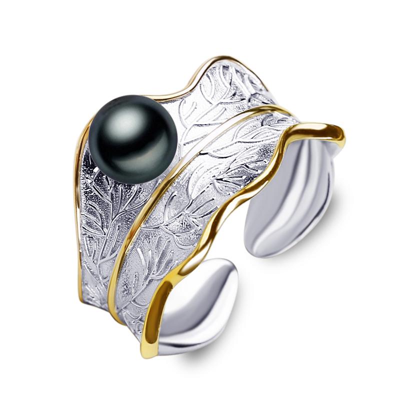 LSOOYH 925 Sterling Silber Ring Natürliche Süßwasser Perle Ringe Für Frauen Silber und Gold Farbe Benutzerdefinierte Weibliche Ring Edlen Schmuck schwarz/perle