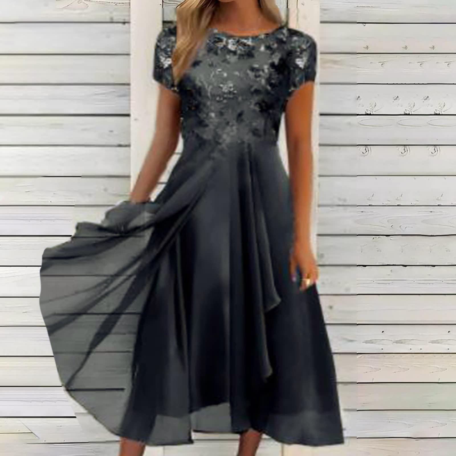 Damen Kleid Chiffon Elegant Spitze Patchwork Kleid Ausschnitt Langes Kleid Brautjungfer Abendkleid L schwarz