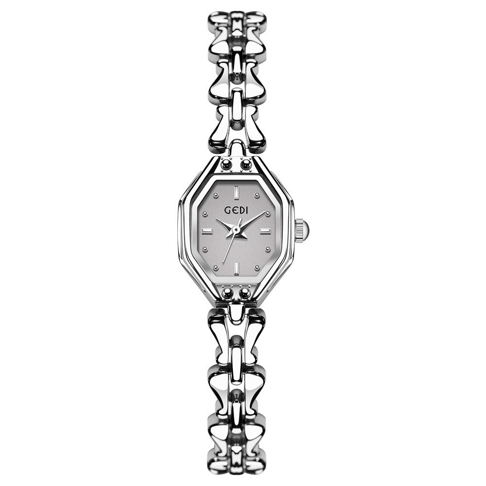 GEDI Marke Damenuhr Exquisite Leichte Luxus Retro Gold Armbanduhr Nische High-End Damenmode Quarz Armbanduhren Geschenk silber grau