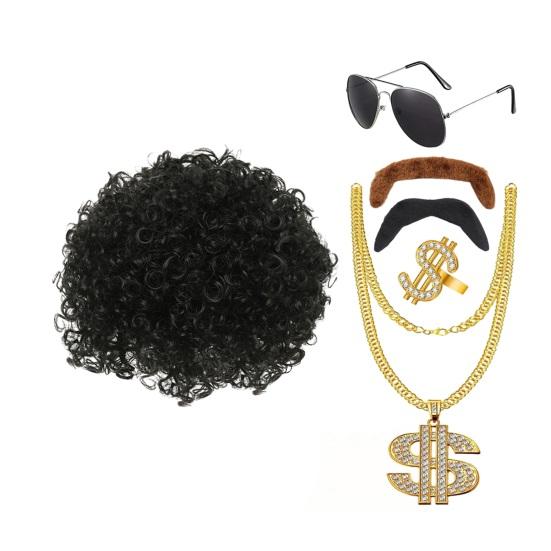 Perücken-Anziehset, Halskette, Ring, Sonnenbrille, gefälschter Schnurrbart, Vintage-Stil, 80er-Jahre-Cosplay, Party, Disco, Kostüm, Foto-Requisite, Performance, lockige Perücke black