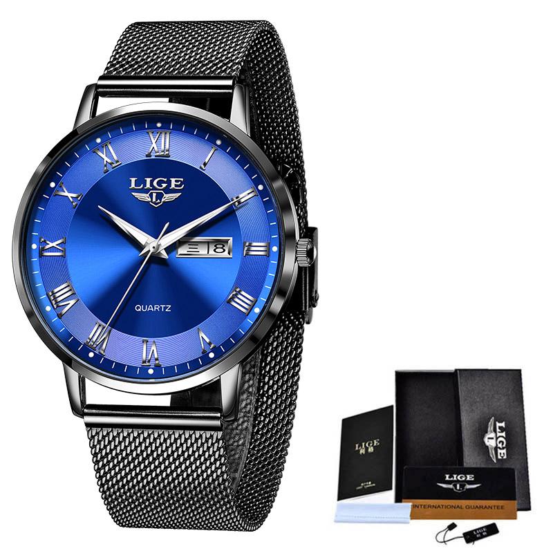 LIGE Modische Luxus-Quarz-Herrenuhr Lässiges Netzarmband Datum Woche Ultraleine Herrenuhr schwarz/blau