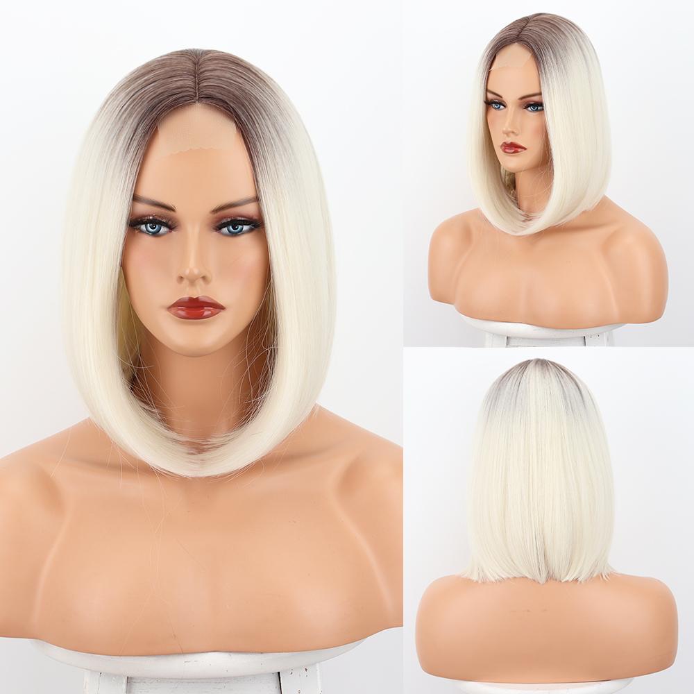 XINRAN Frauen Kurze Ombre Braun Blonde Gerade Bob Perücke Ohne Pony Spitze Front Synthetische Faser Perücke Täglichen Tragen Cosplay 30cm