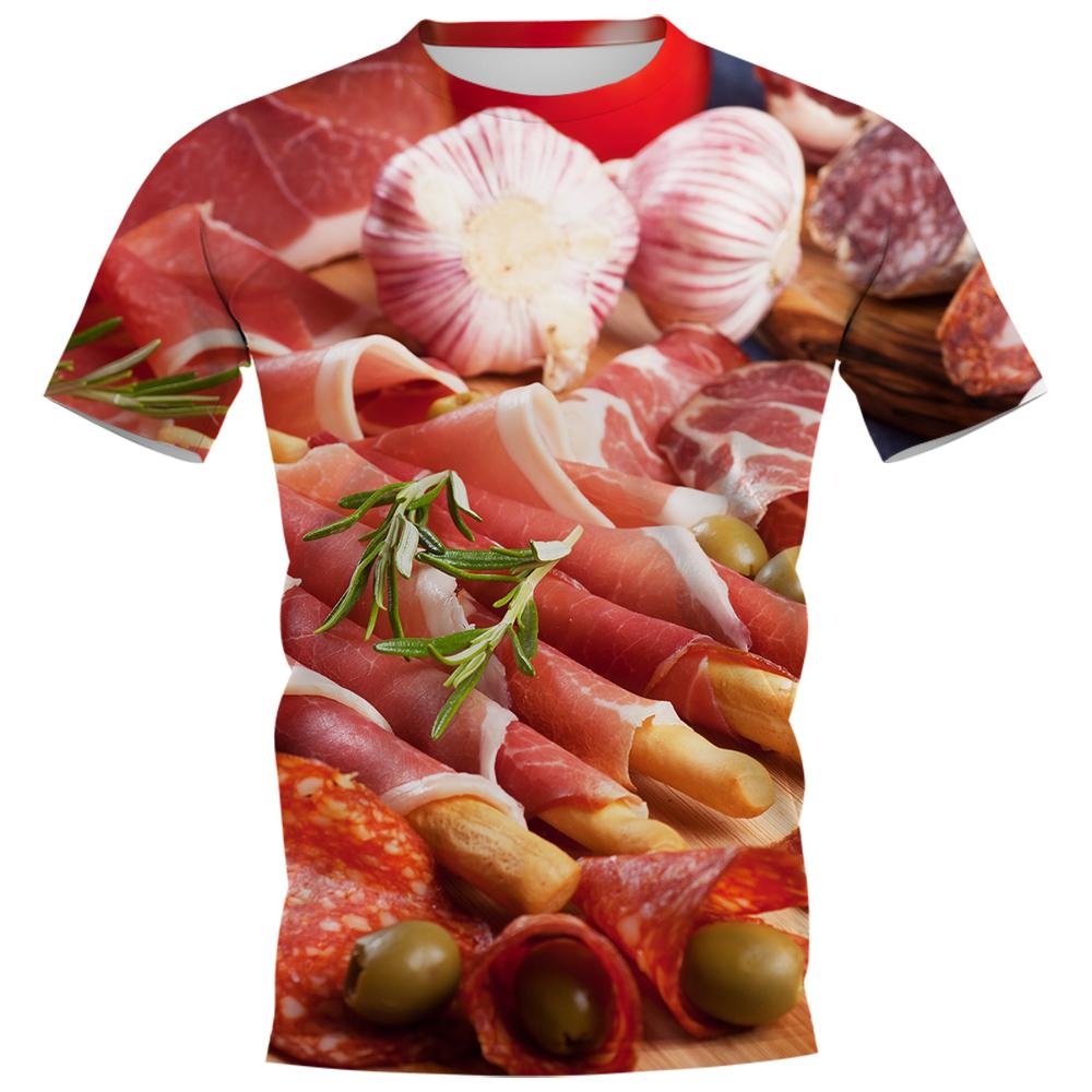 HX Yummy Food T-Shirts 3D-Grafik Delikatesse Gegrillte Würstchen Pullover Polyester Alle bedruckten T-Shirts Harajuku Herrenbekleidung S rot