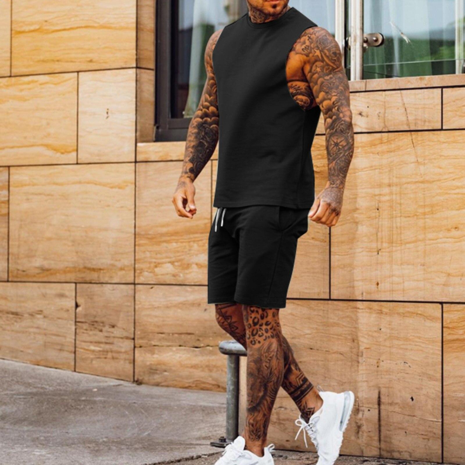 2024 Sommerkleidung Herren 2-teiliges Set Herren Shorts Set Mode Outfits Herrenbekleidung Sportbekleidung Freizeit Jogginganzug M schwarz